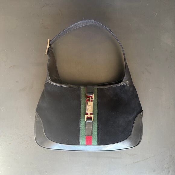 GUCCI Black Suede Jackie Sherry Bouvier Stripe Hobo Bag Leather - Picture 4 of 10